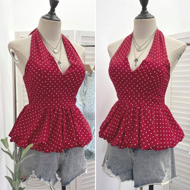 Halter Dotted Peplum Padded Top