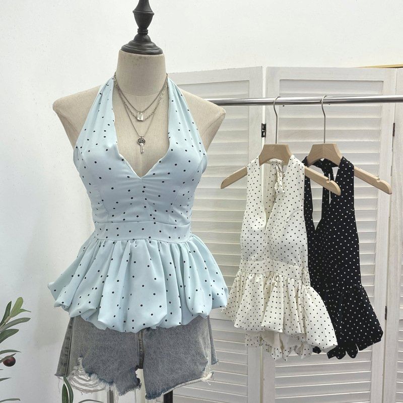 Halter Dotted Peplum Padded Top