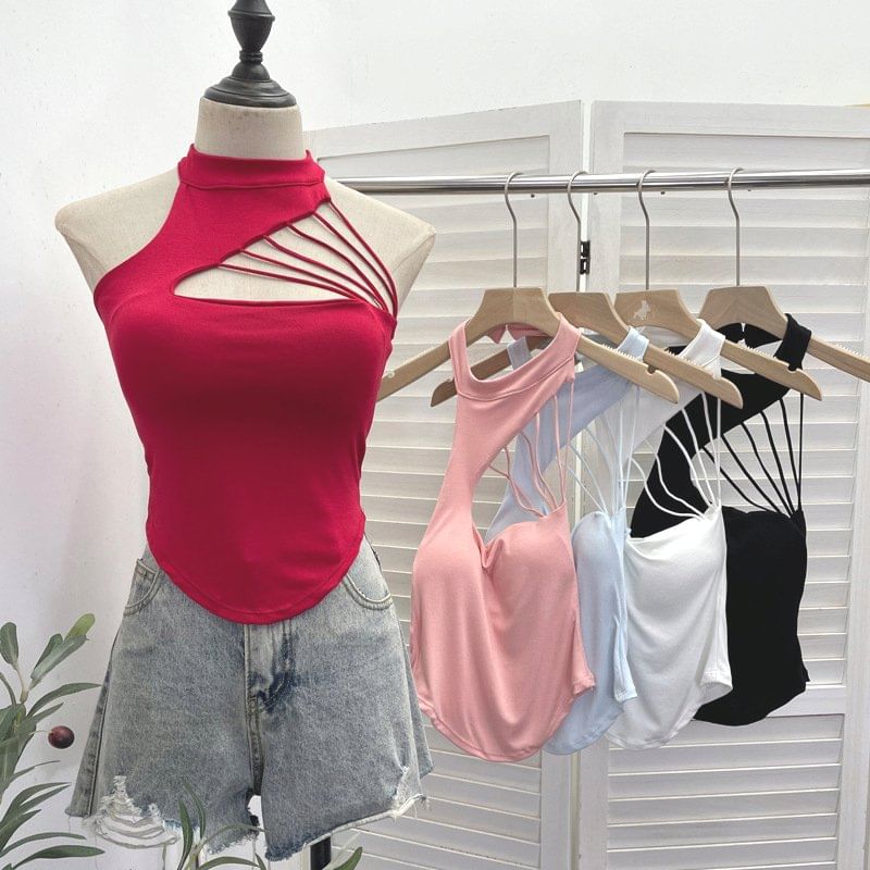 Mock Neck Cutout Strapped Padded Halter Top