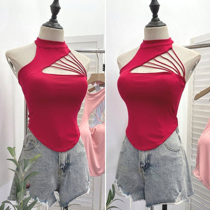 Mock Neck Cutout Strapped Padded Halter Top