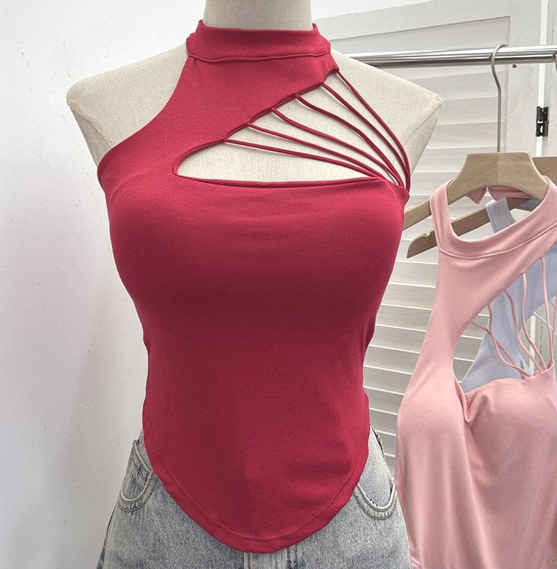 Mock Neck Cutout Strapped Padded Halter Top