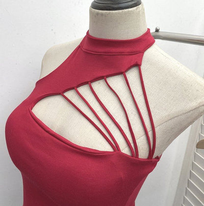 Mock Neck Cutout Strapped Padded Halter Top