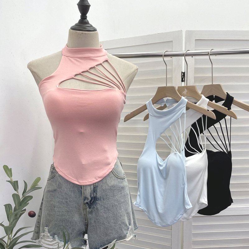 Mock Neck Cutout Strapped Padded Halter Top