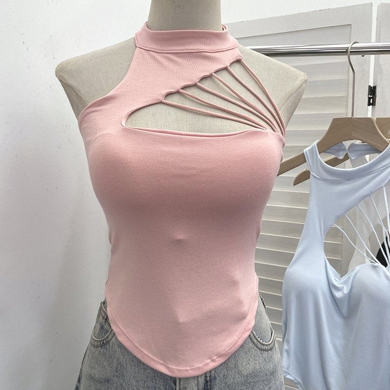 Mock Neck Cutout Strapped Padded Halter Top