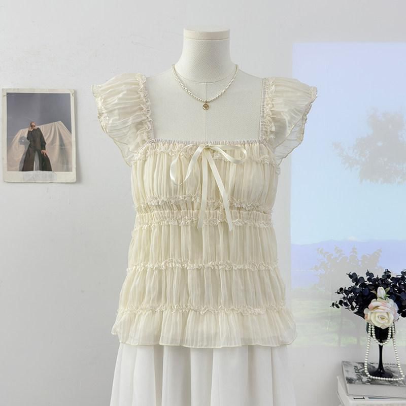 Square Neck Cap Sleeve Sheer Cropped Top