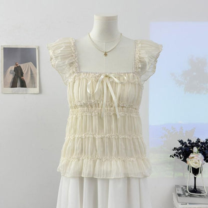 Square Neck Cap Sleeve Sheer Cropped Top
