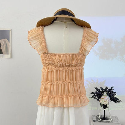 Square Neck Cap Sleeve Sheer Cropped Top