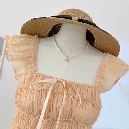 Square Neck Cap Sleeve Sheer Cropped Top