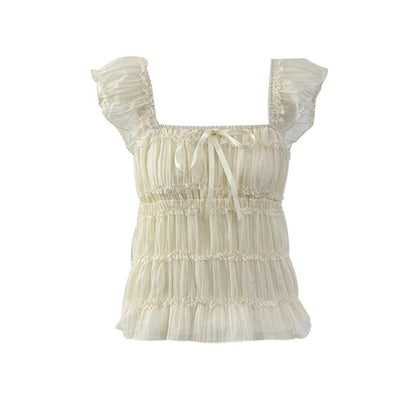 Square Neck Cap Sleeve Sheer Cropped Top