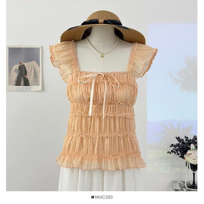 Square Neck Cap Sleeve Sheer Cropped Top
