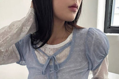 Puff-Sleeve Scoop Neck Micro Dot Tie Front Mesh Top