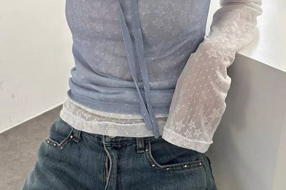 Puff-Sleeve Scoop Neck Micro Dot Tie Front Mesh Top