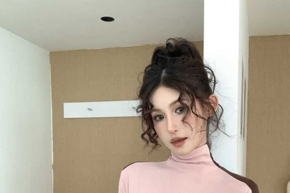 Turtleneck Long Sleeve Two Tone Slim Tee