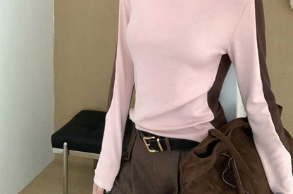 Turtleneck Long Sleeve Two Tone Slim Tee
