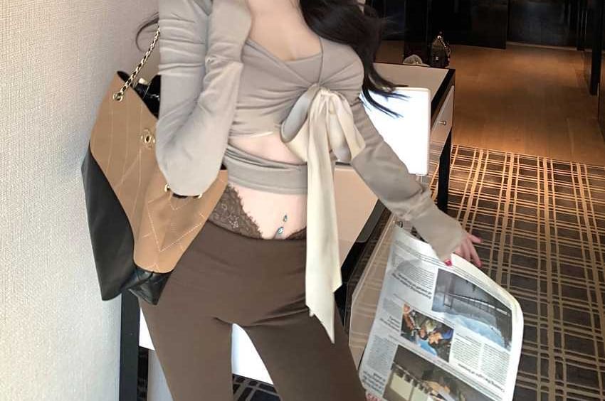 V-Neck Long Sleeve Cutout Tie Front Crop Top