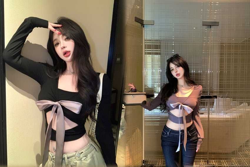 V-Neck Long Sleeve Cutout Tie Front Crop Top