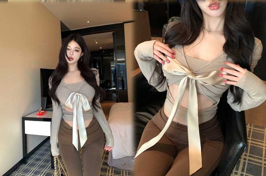 V-Neck Long Sleeve Cutout Tie Front Crop Top