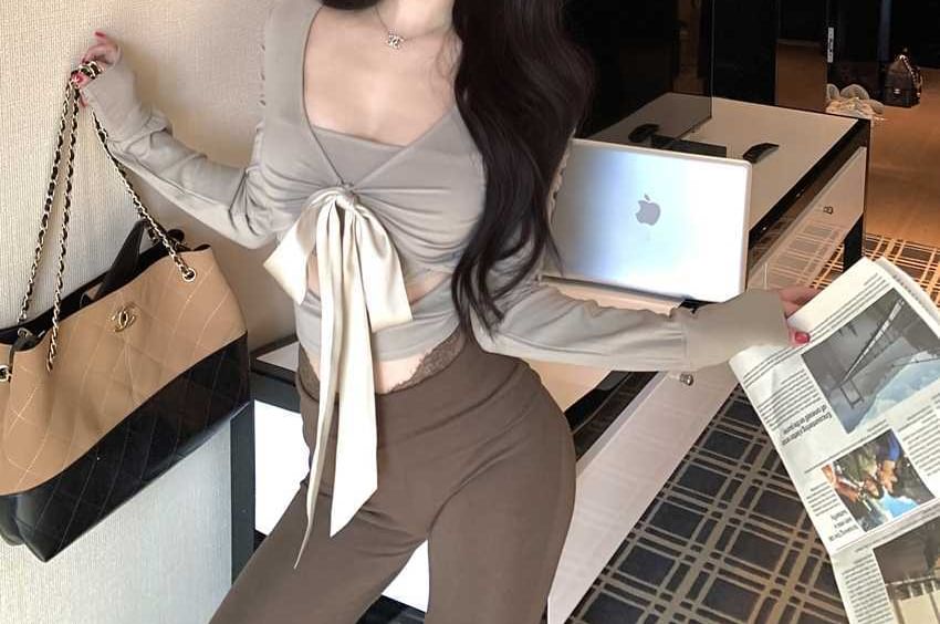 V-Neck Long Sleeve Cutout Tie Front Crop Top