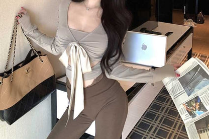 V-Neck Long Sleeve Cutout Tie Front Crop Top