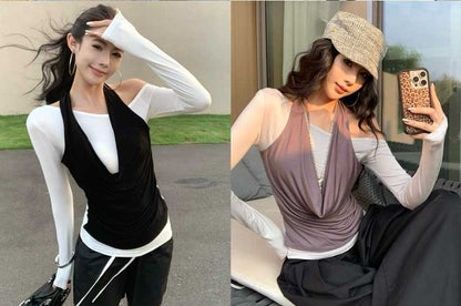 Mock Two-Piece Halter Cowl Neck Off-Shoulder Tee