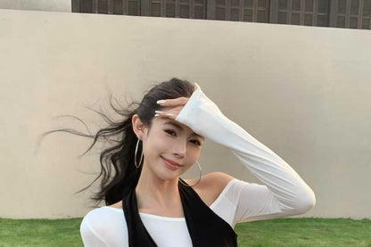 Mock Two-Piece Halter Cowl Neck Off-Shoulder Tee