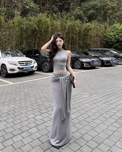 Mock Neck Half Button Crop Tank & Mermaid Skirt