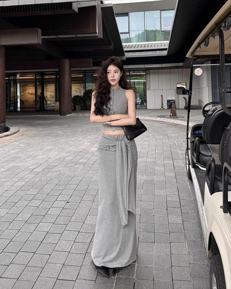 Mock Neck Half Button Crop Tank & Mermaid Skirt