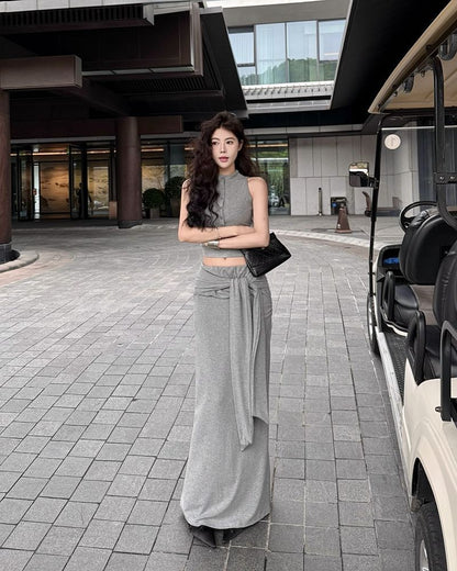 Mock Neck Half Button Crop Tank & Mermaid Skirt