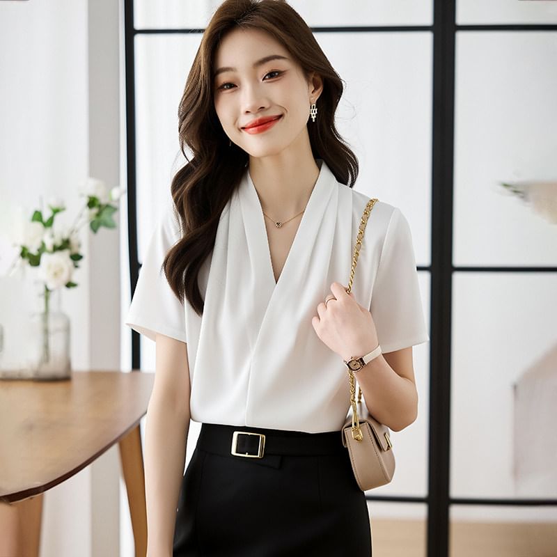 V-Neck Short Sleeve Essential Blouse