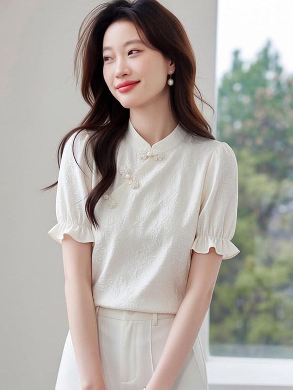 Stand Collar Frog Button Short Sleeve Top