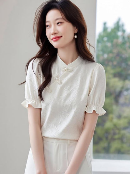 Stand Collar Frog Button Short Sleeve Top