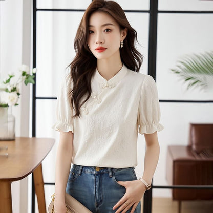 Stand Collar Frog Button Short Sleeve Top