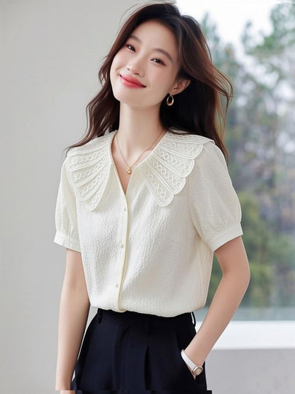 Collared Button-Up Short Sleeve Blouse