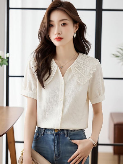 Collared Button-Up Short Sleeve Blouse