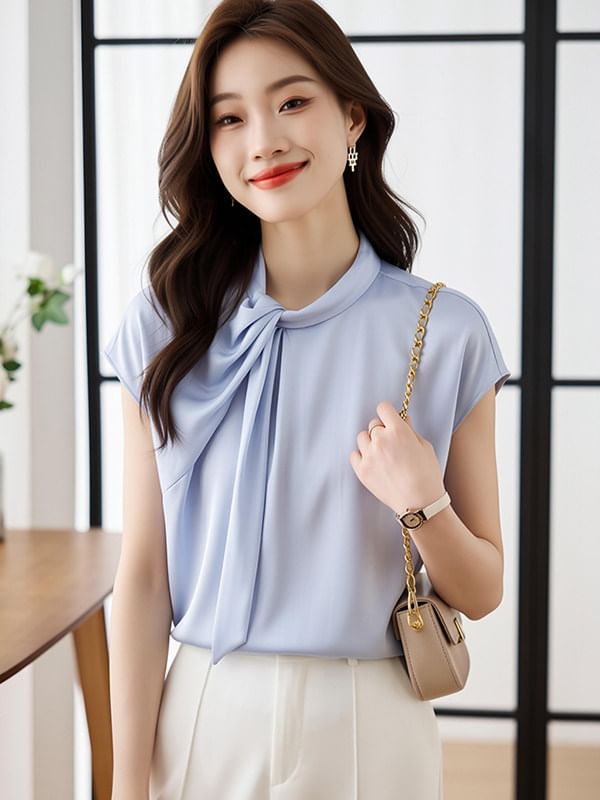 Tie Neck Cap Sleeve Simple Blouse
