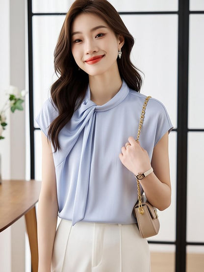 Tie Neck Cap Sleeve Simple Blouse
