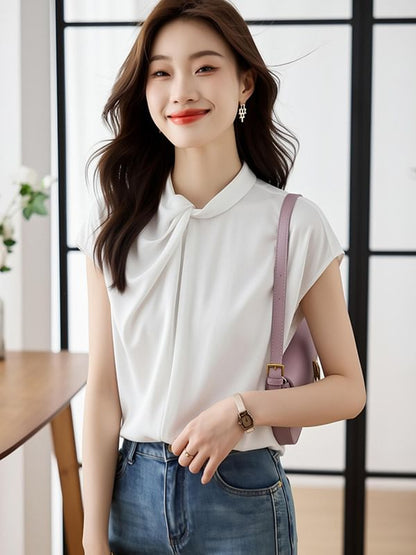 Tie Neck Cap Sleeve Simple Blouse