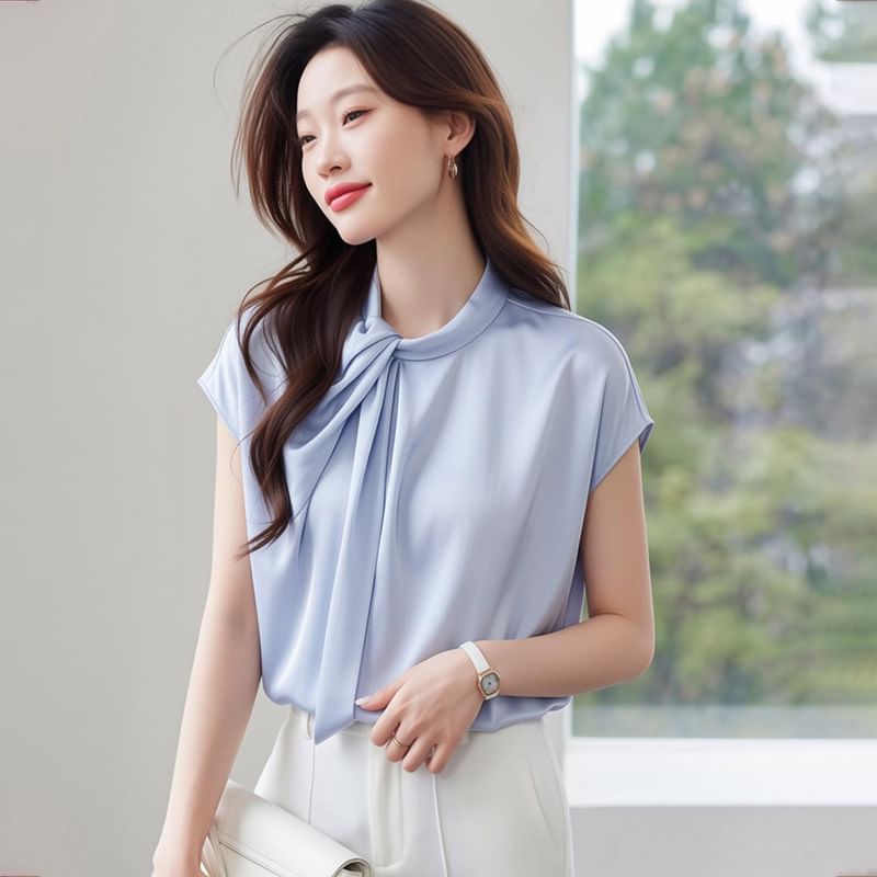 Tie Neck Cap Sleeve Simple Blouse