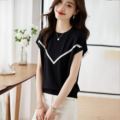 Two Tone Crewneck Short Sleeve Knit Top
