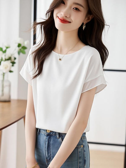 Chiffon Crewneck Short Sleeve Blouse
