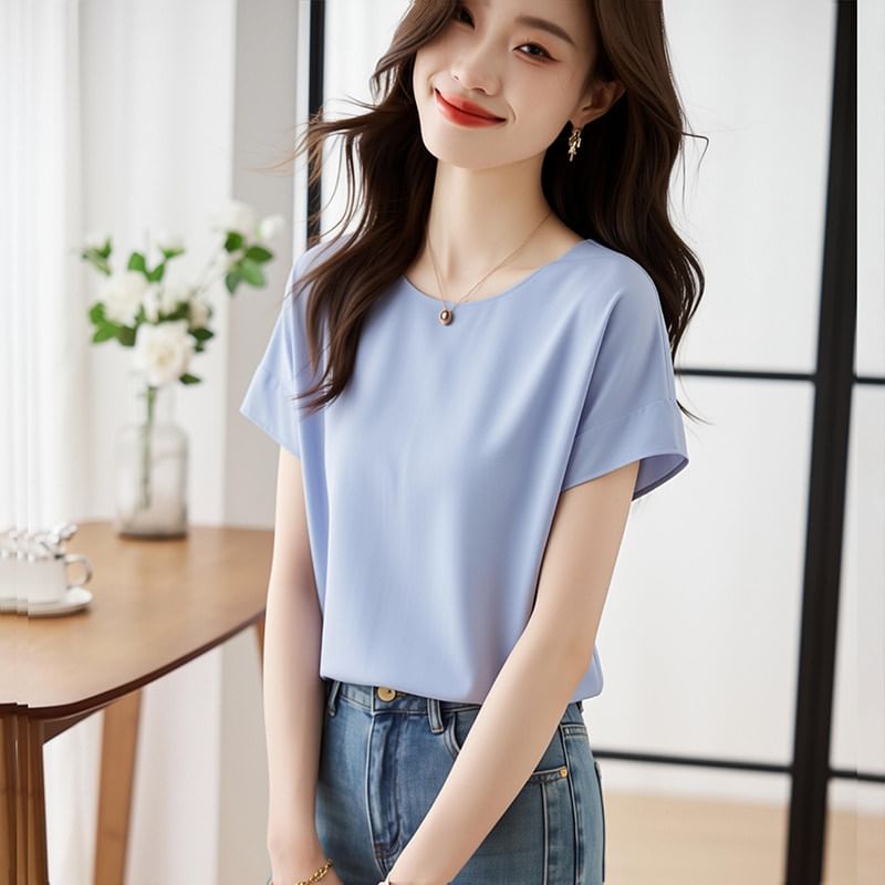 Chiffon Crewneck Short Sleeve Blouse