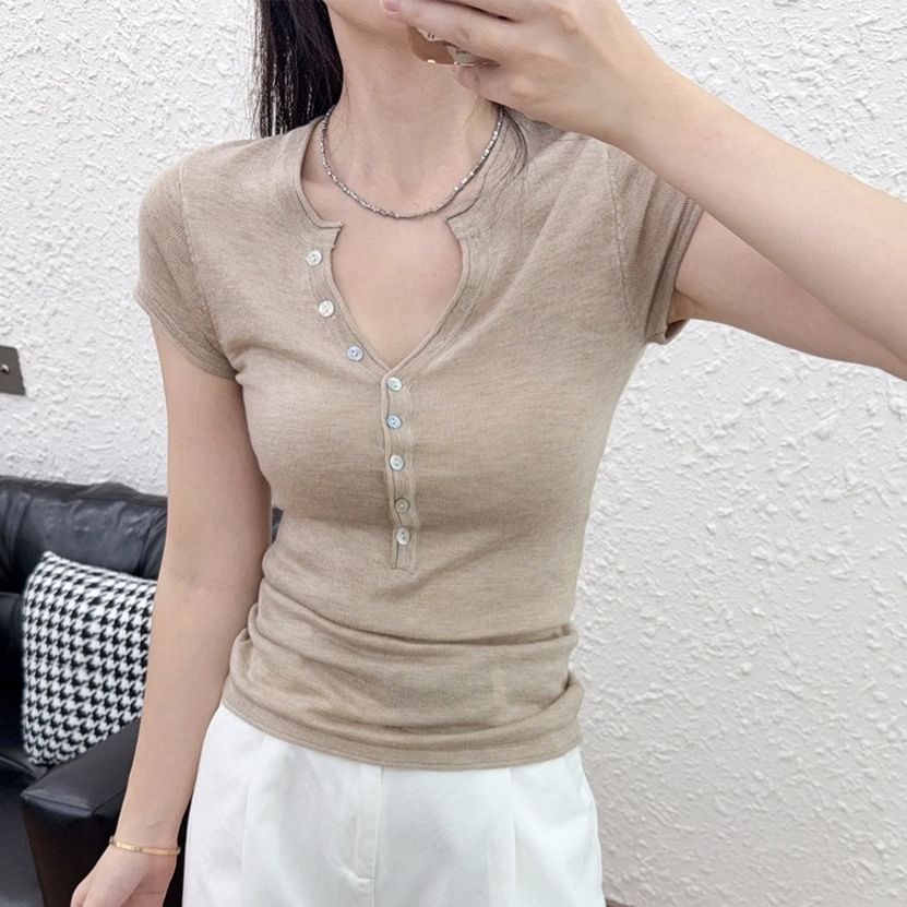 Henley Short Sleeve Basic Knit Top