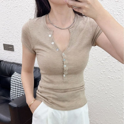 Henley Short Sleeve Basic Knit Top