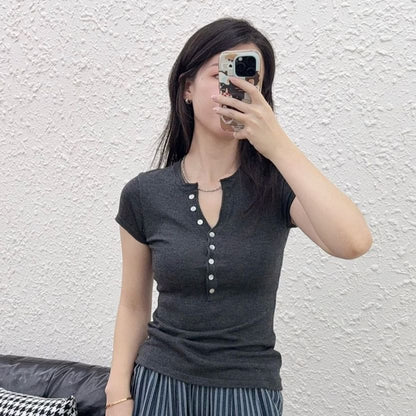 Henley Short Sleeve Basic Knit Top