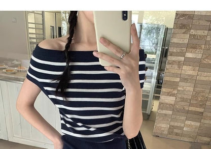 Striped Off Shoulder Short Sleeve Knit Top