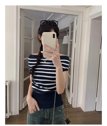 Striped Off Shoulder Short Sleeve Knit Top