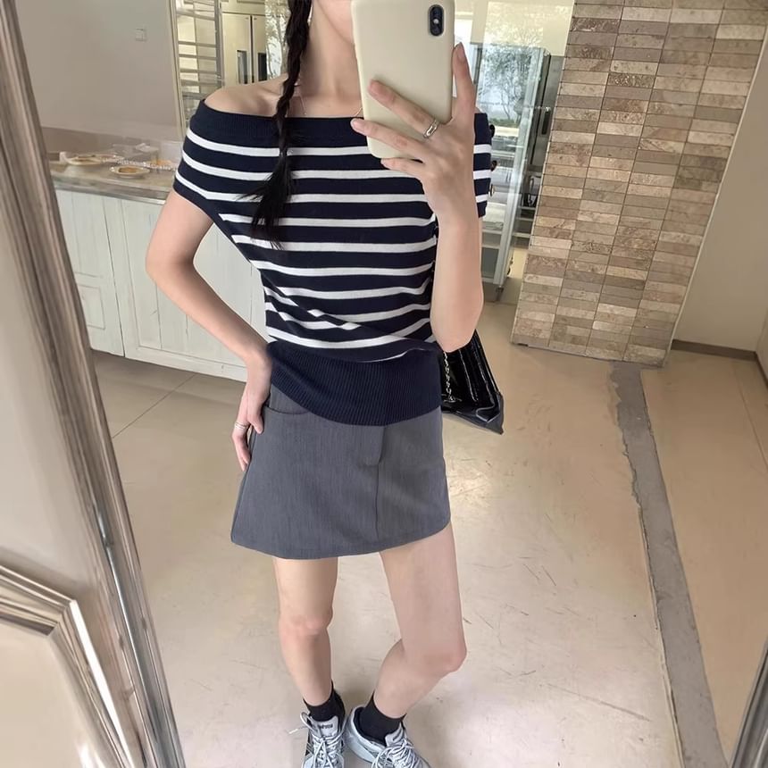 Striped Off Shoulder Short Sleeve Knit Top