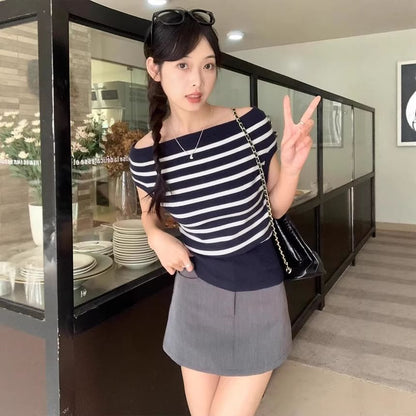 Striped Off Shoulder Short Sleeve Knit Top