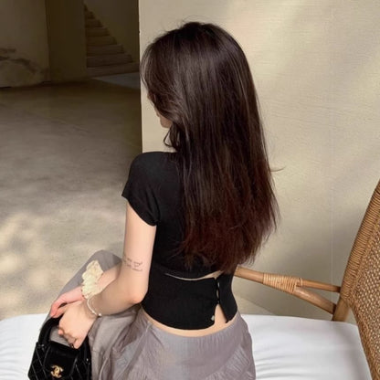 Button Back Short Sleeve Crop Knit Top
