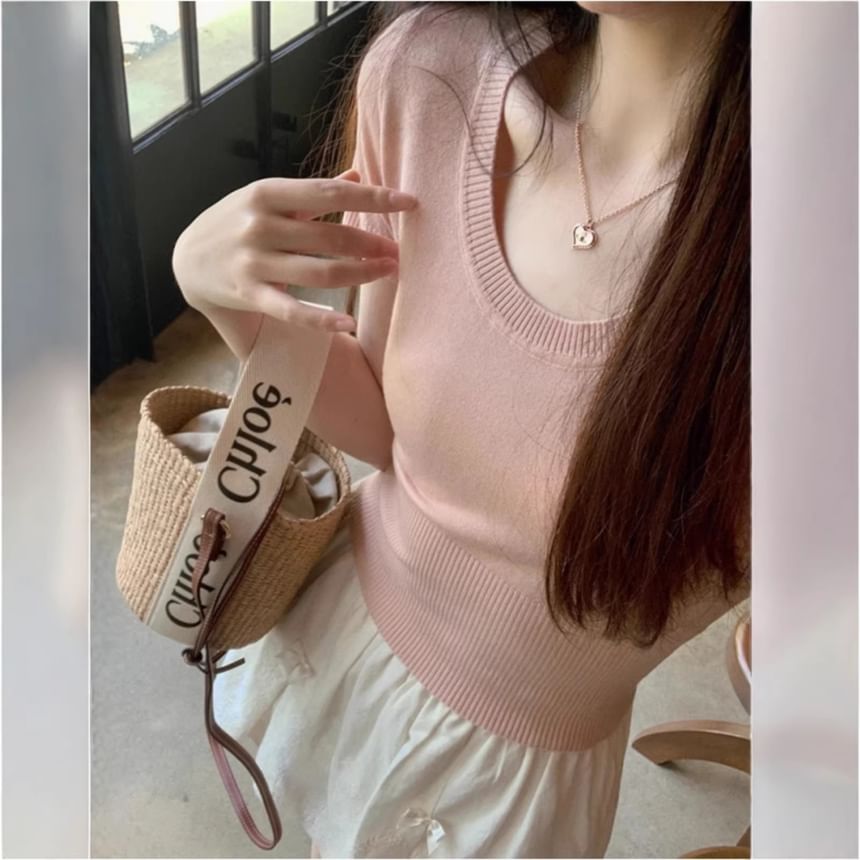 Button Back Short Sleeve Crop Knit Top
